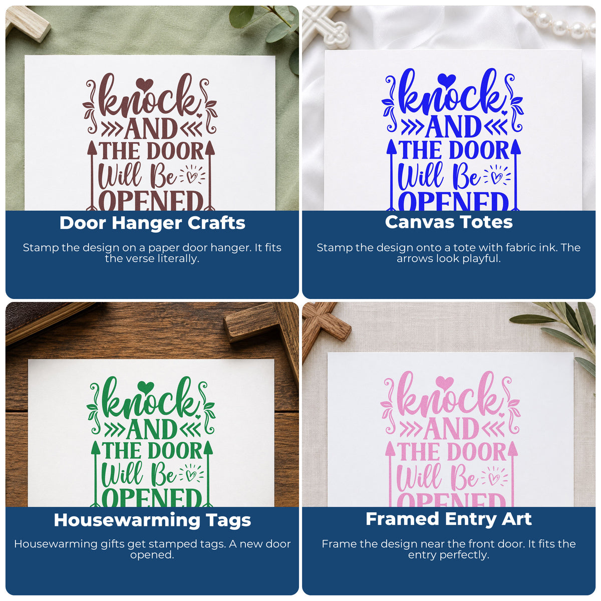 Four ways to use the Knock And The Door Will Open Stamp – Self-Inking: door hanger crafts, canvas totes, housewarming tags and framed entry art.