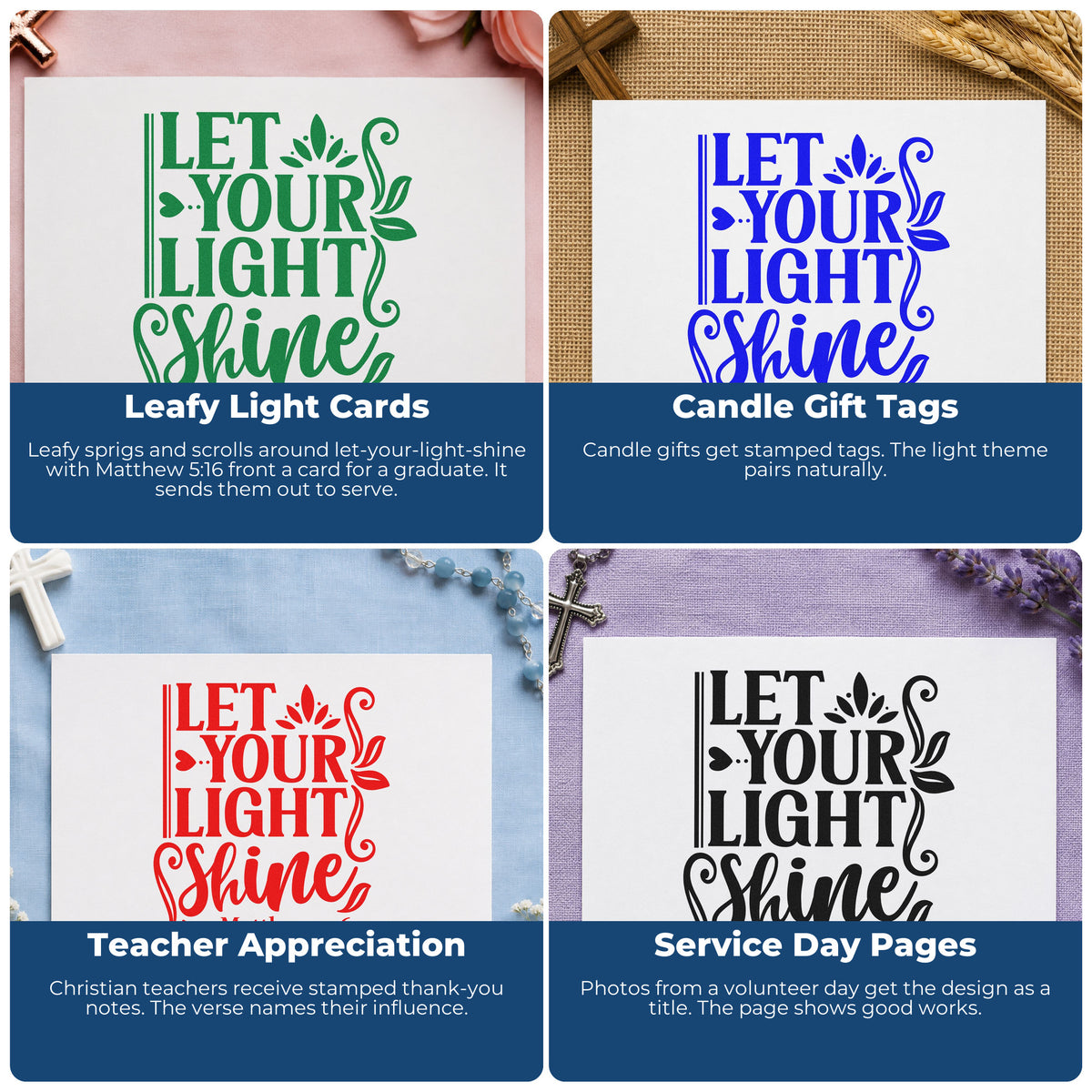 Four ways to use the Let Your Light Shine Botanical Sprig Rubber Stamp – Duo Hand: leafy light cards, candle gift tags, teacher appreciation and service day pages.