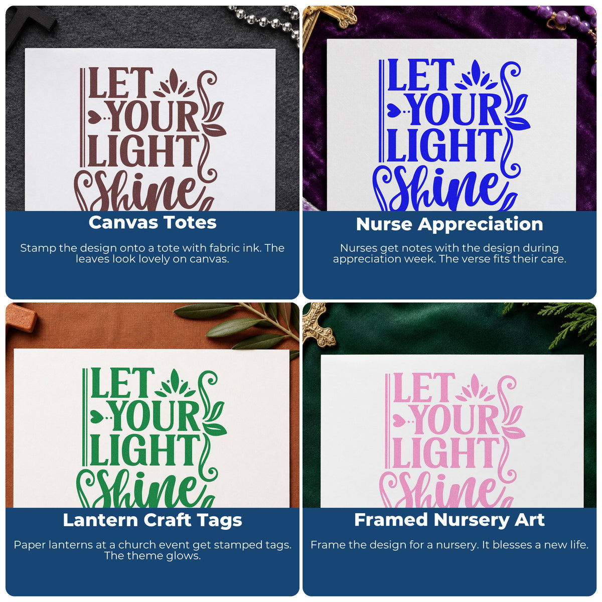 Four ways to use the Let Your Light Shine Botanical Sprig Slim Pre-Inked Stamp: canvas totes, nurse appreciation, lantern craft tags and framed nursery art.
