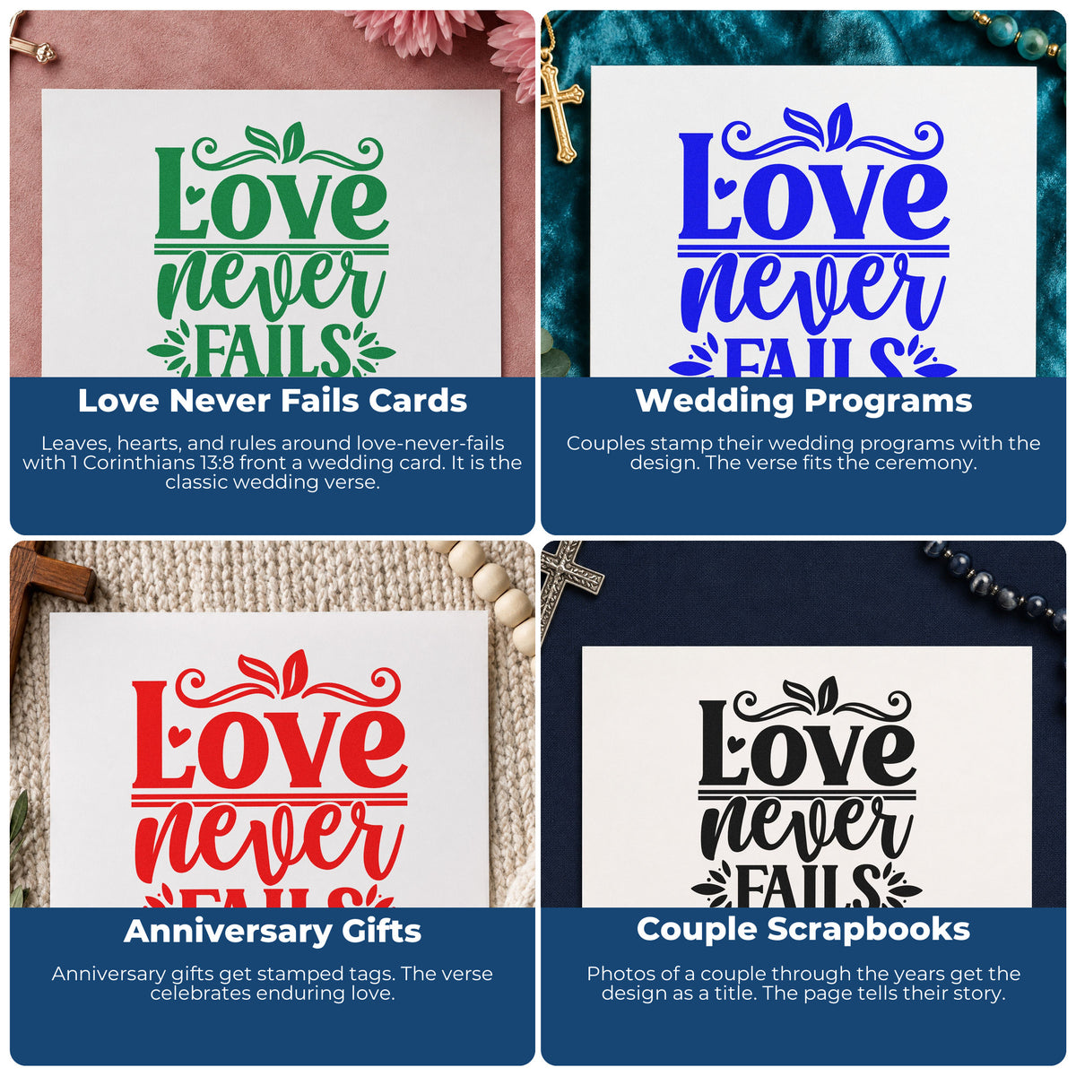 Four ways to use the Love Never Fails Rubber Stamp – Wood Handle: love never fails cards, wedding programs, anniversary gifts and couple scrapbooks.