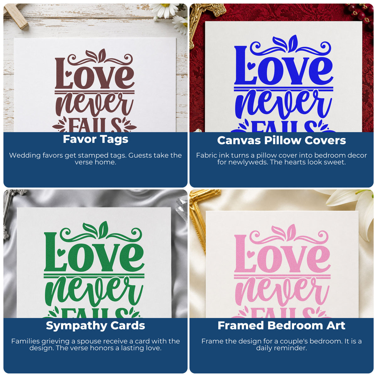 Four ways to use the Love Never Fails Rubber Stamp – Wood Handle: favor tags, canvas pillow covers, sympathy cards and framed bedroom art.