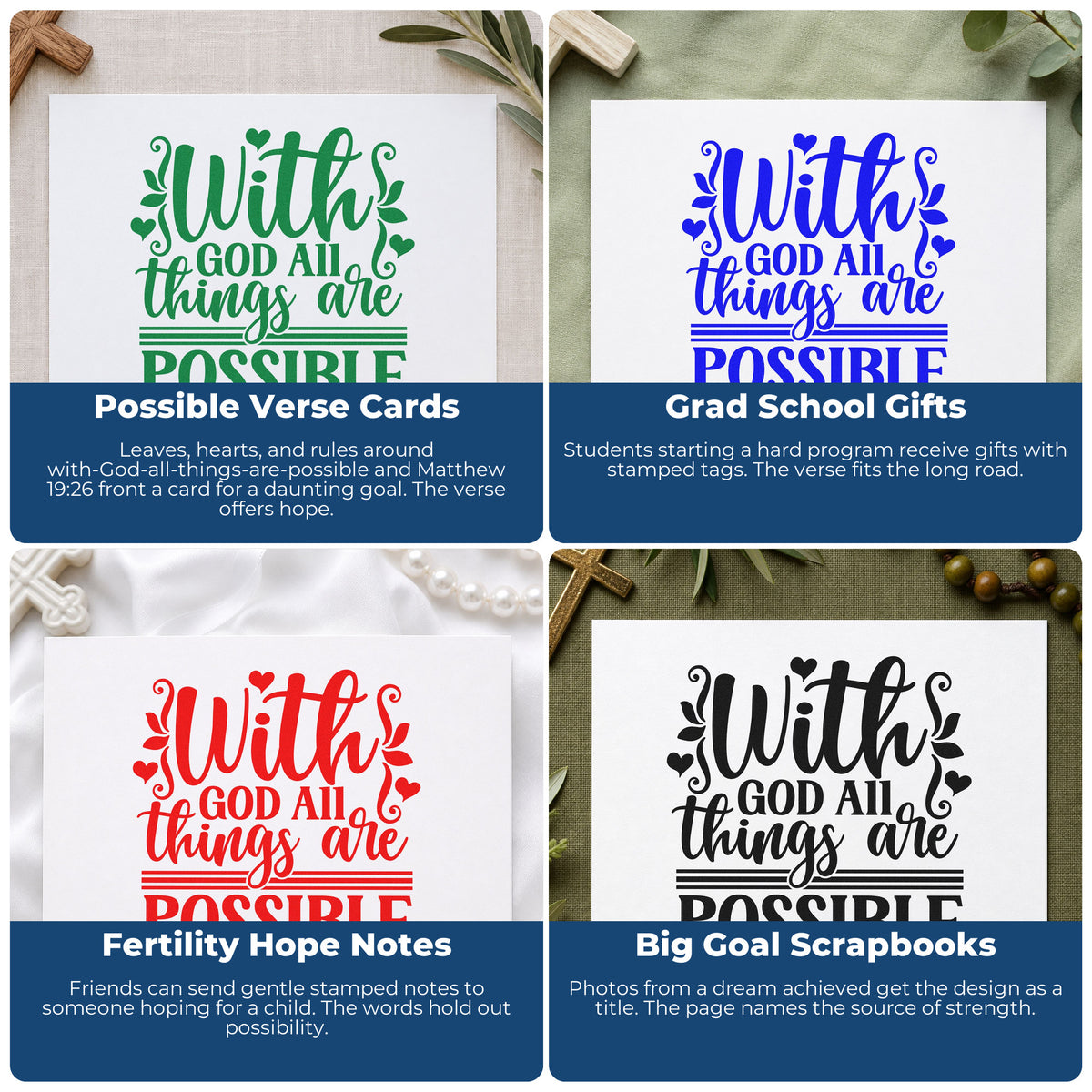 Four ways to use the With God All Things Are Possible Stamp – Wood Handle: possible verse cards, grad school gifts, fertility hope notes and big goal scrapbooks.