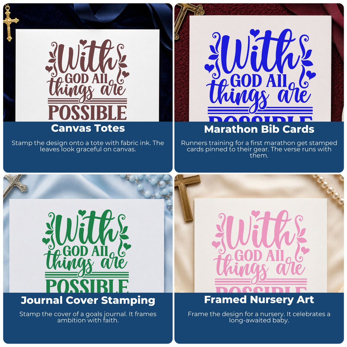 Four ways to use the With God All Things Are Possible Stamp – Wood Handle: canvas totes, marathon bib cards, journal cover stamping and framed nursery art.