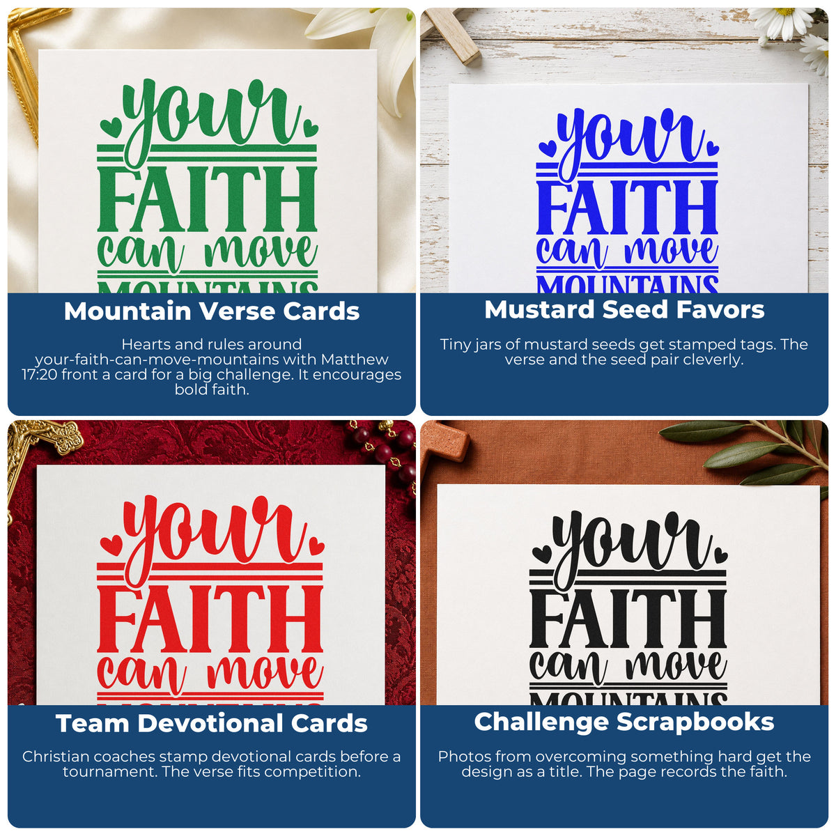 Four ways to use the Your Faith Can Move Mountains With Hearts Wood Handle Stamp: mountain verse cards, mustard seed favors, team devotional cards and challenge scrapbooks.