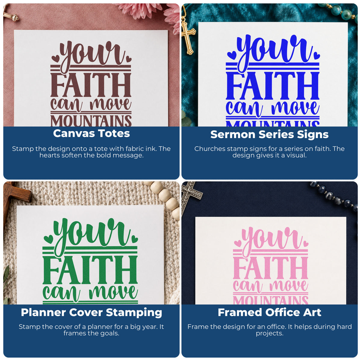 Four ways to use the Your Faith Can Move Mountains With Hearts Wood Handle Stamp: canvas totes, sermon series signs, planner cover stamping and framed office art.
