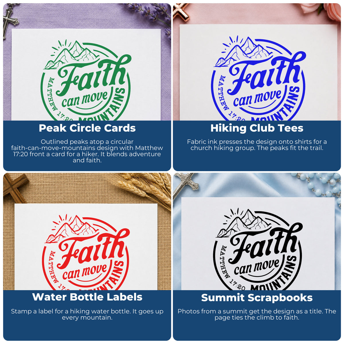 Four ways to use the Self-Inking Faith Moves Mountains Circle Outline Detail Stamp: peak circle cards, hiking club tees, water bottle labels and summit scrapbooks.