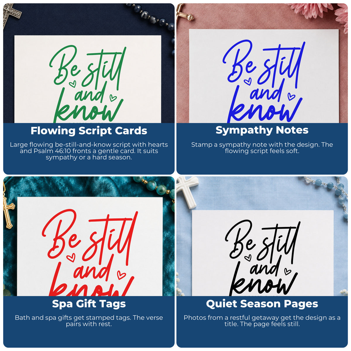 Four ways to use the Be Still And Know Script Stamp – Self-Inking: flowing script cards, sympathy notes, spa gift tags and quiet season pages.