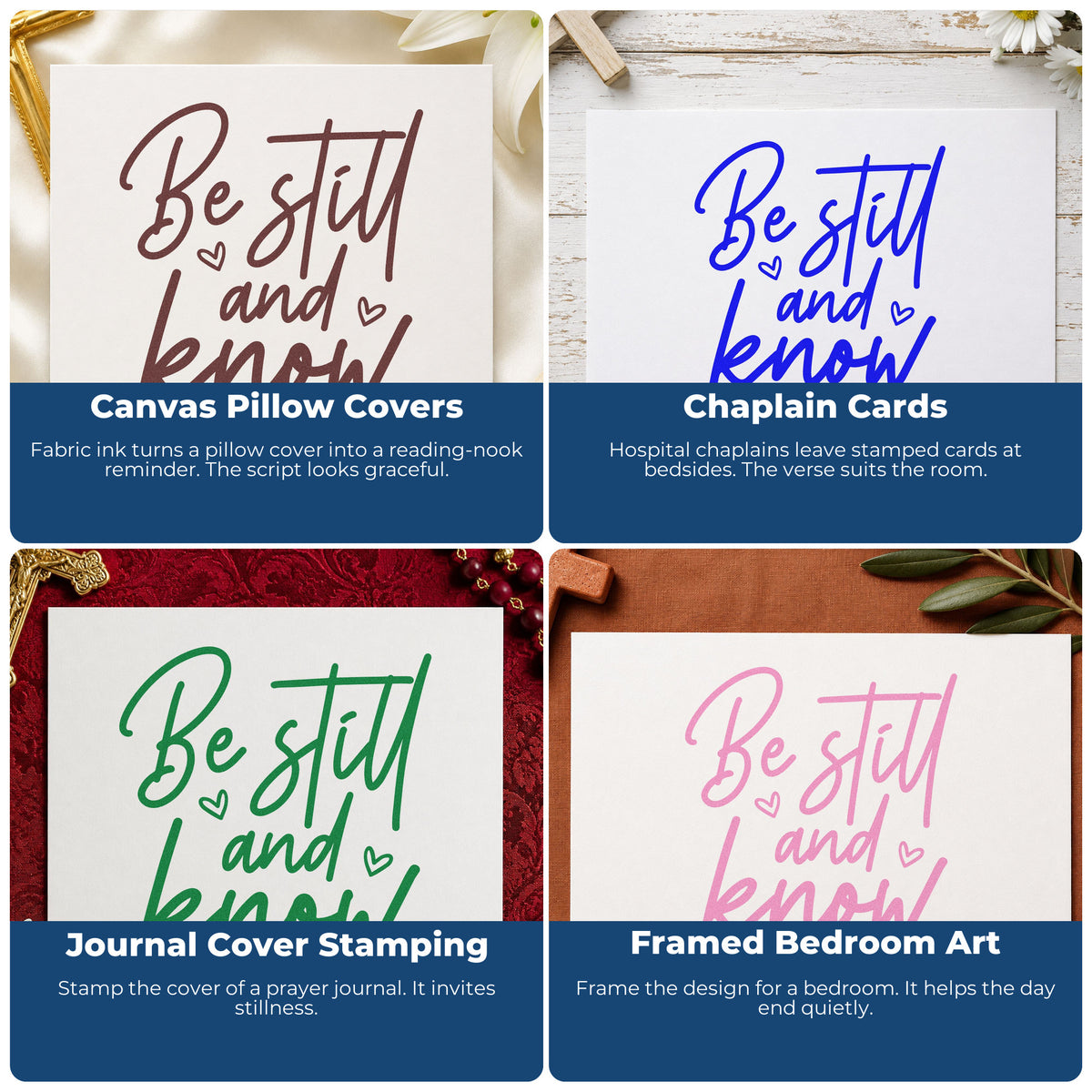 Four ways to use the Be Still And Know Script Pre-Inked Stamp – Slim: canvas pillow covers, chaplain cards, journal cover stamping and framed bedroom art.