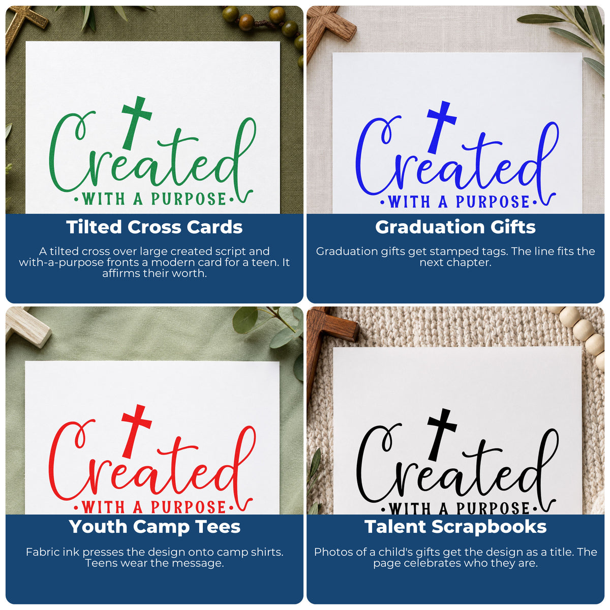 Four ways to use the Created With A Purpose Script Lettering Wood Handle Stamp: tilted cross cards, graduation gifts, youth camp tees and talent scrapbooks.
