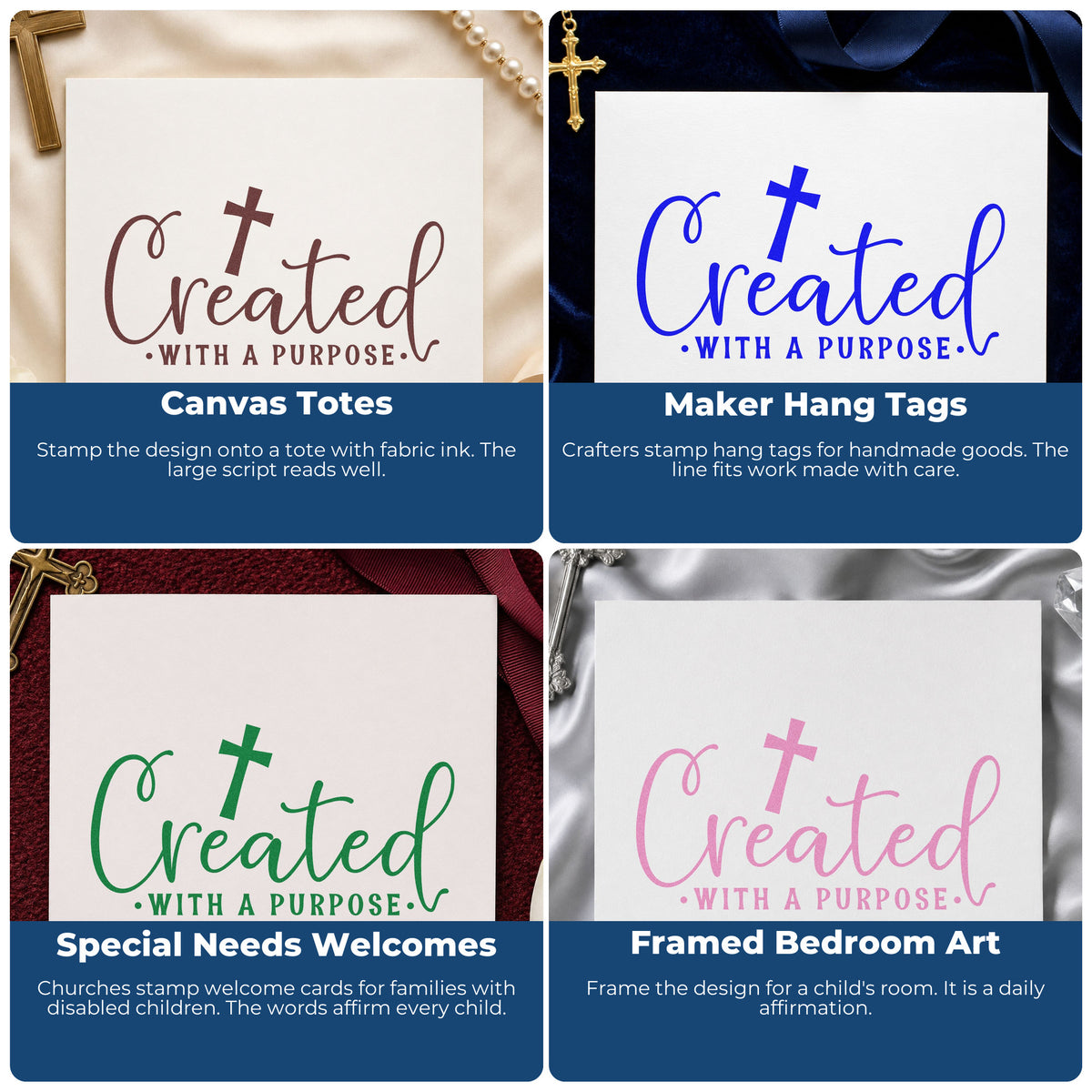 Four ways to use the Created With A Purpose Script Lettering Wood Handle Stamp: canvas totes, maker hang tags, special needs welcomes and framed bedroom art.