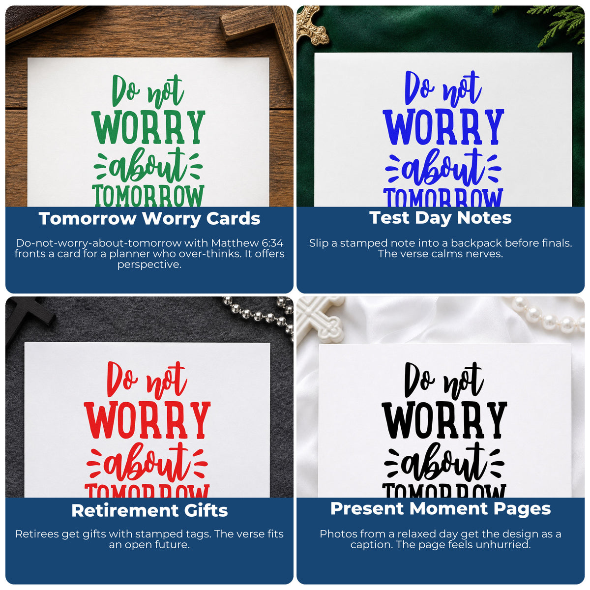 Four ways to use the Do Not Worry About Tomorrow Hand Stamp – Duo: tomorrow worry cards, test day notes, retirement gifts and present moment pages.