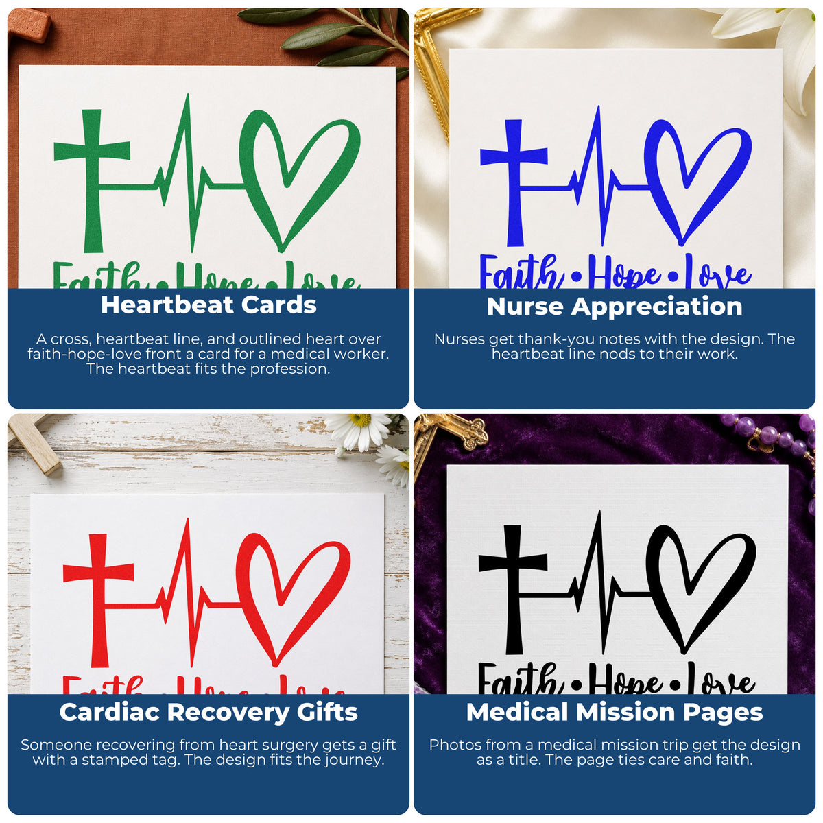 Four ways to use the Faith Hope Love Heartbeat With Cross Wood Handle Stamp: heartbeat cards, nurse appreciation, cardiac recovery gifts and medical mission pages.