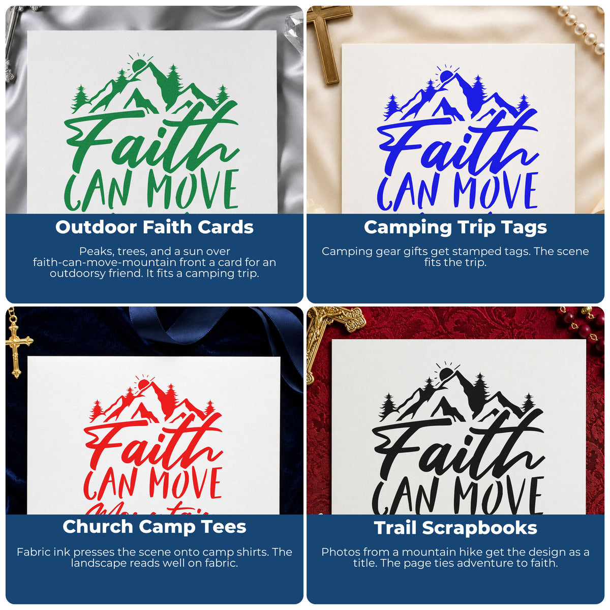 Four ways to use the Faith Can Move A Mountain Rubber Stamp – Wood Handle: outdoor faith cards, camping trip tags, church camp tees and trail scrapbooks.
