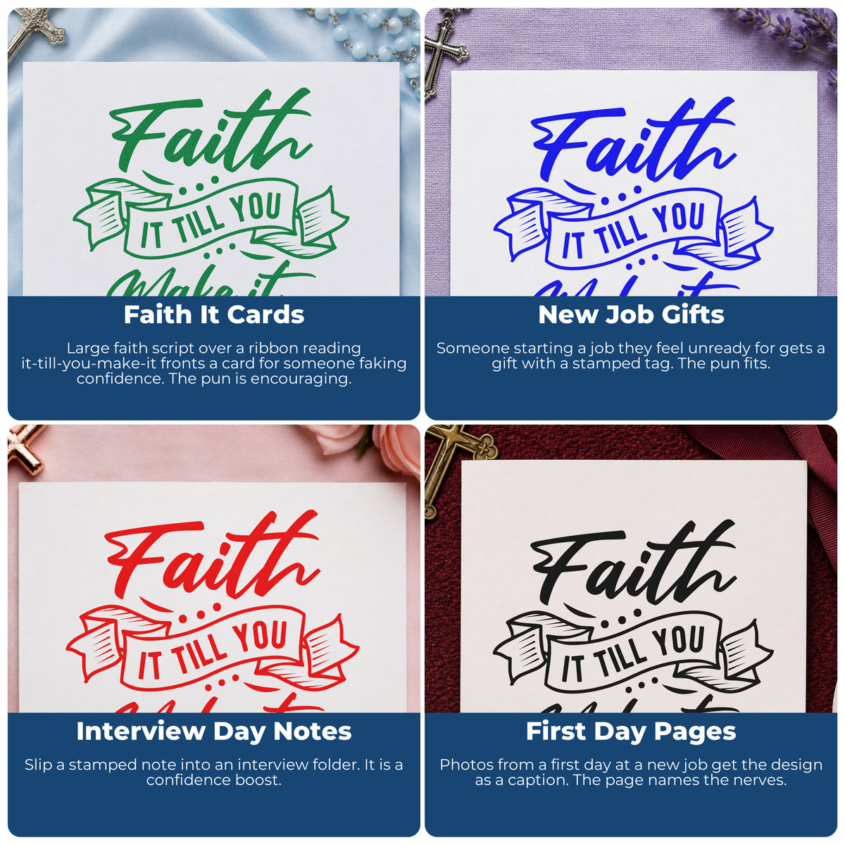 Four ways to use the Faith Make It Banner Lettering PSI Pre-Inked Stamp: faith it cards, new job gifts, interview day notes and first day pages.