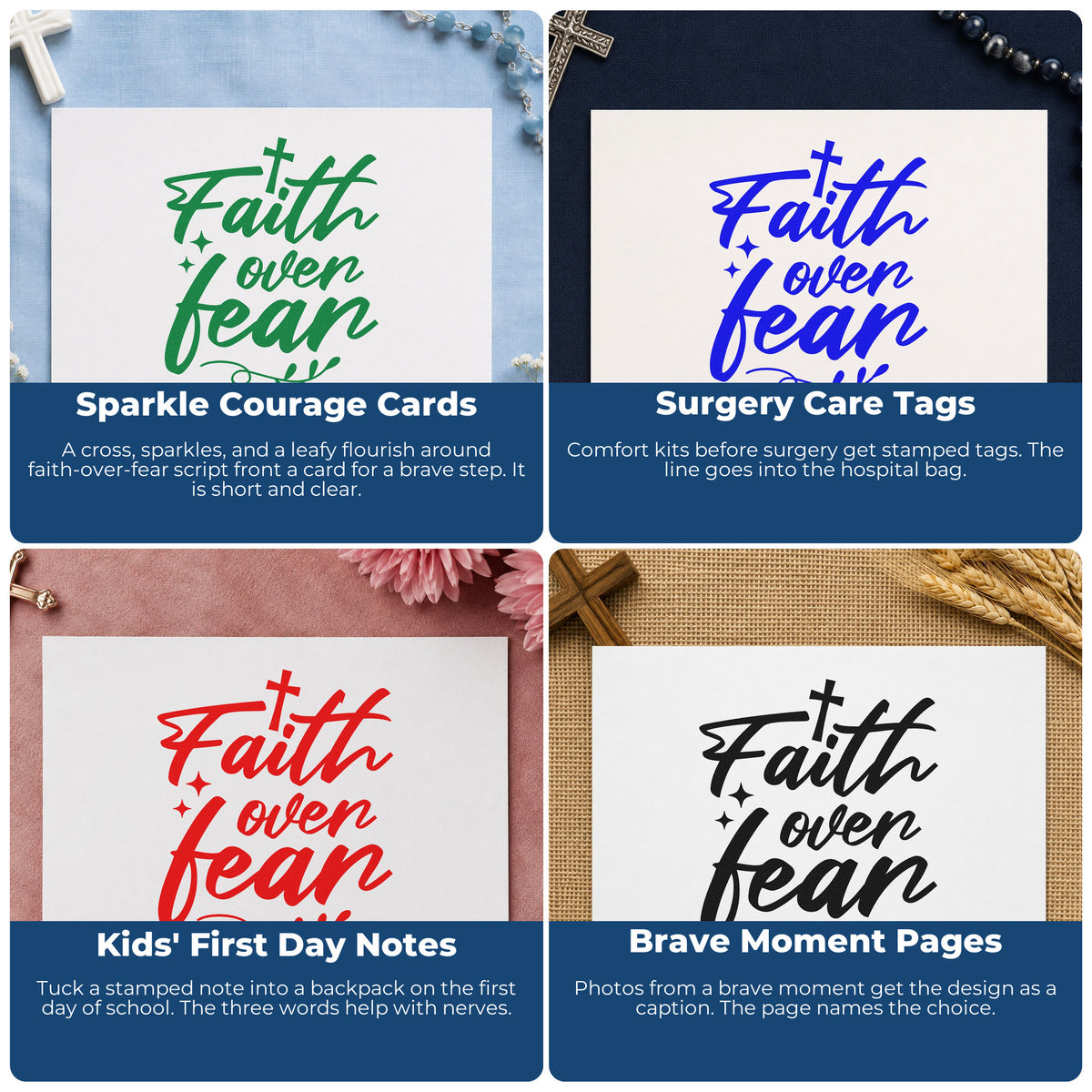 Four ways to use the Faith Over Fear Flourish Slim Pre-Inked Stamp: sparkle courage cards, surgery care tags, kids' first day notes and brave moment pages.