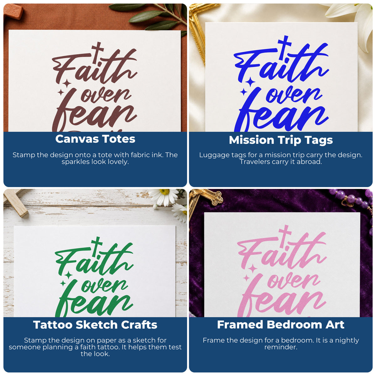 Four ways to use the Faith Over Fear Flourish Stamp – Self-Inking: canvas totes, mission trip tags, tattoo sketch crafts and framed bedroom art.