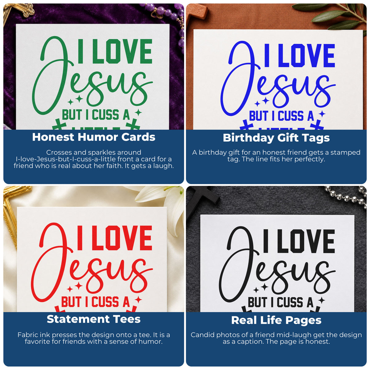Four ways to use the I Love Jesus But Cuss Rubber Stamp – Wood Handle: honest humor cards, birthday gift tags, statement tees and real life pages.