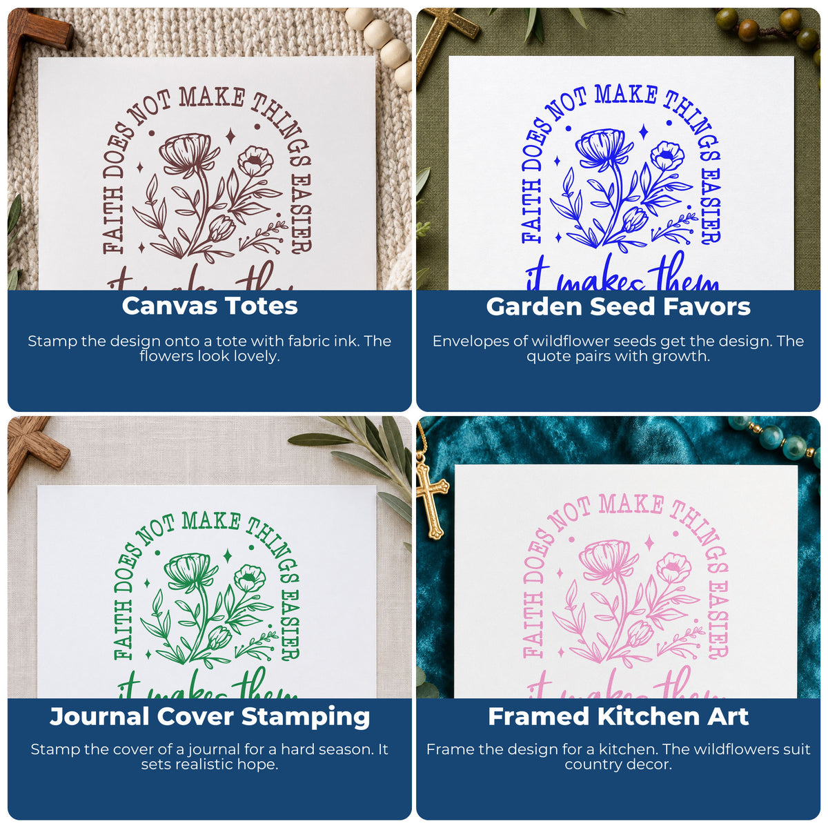 Four ways to use the Wood Handle Faith Makes Things Possible Flowers Rubber Stamp: canvas totes, garden seed favors, journal cover stamping and framed kitchen art.