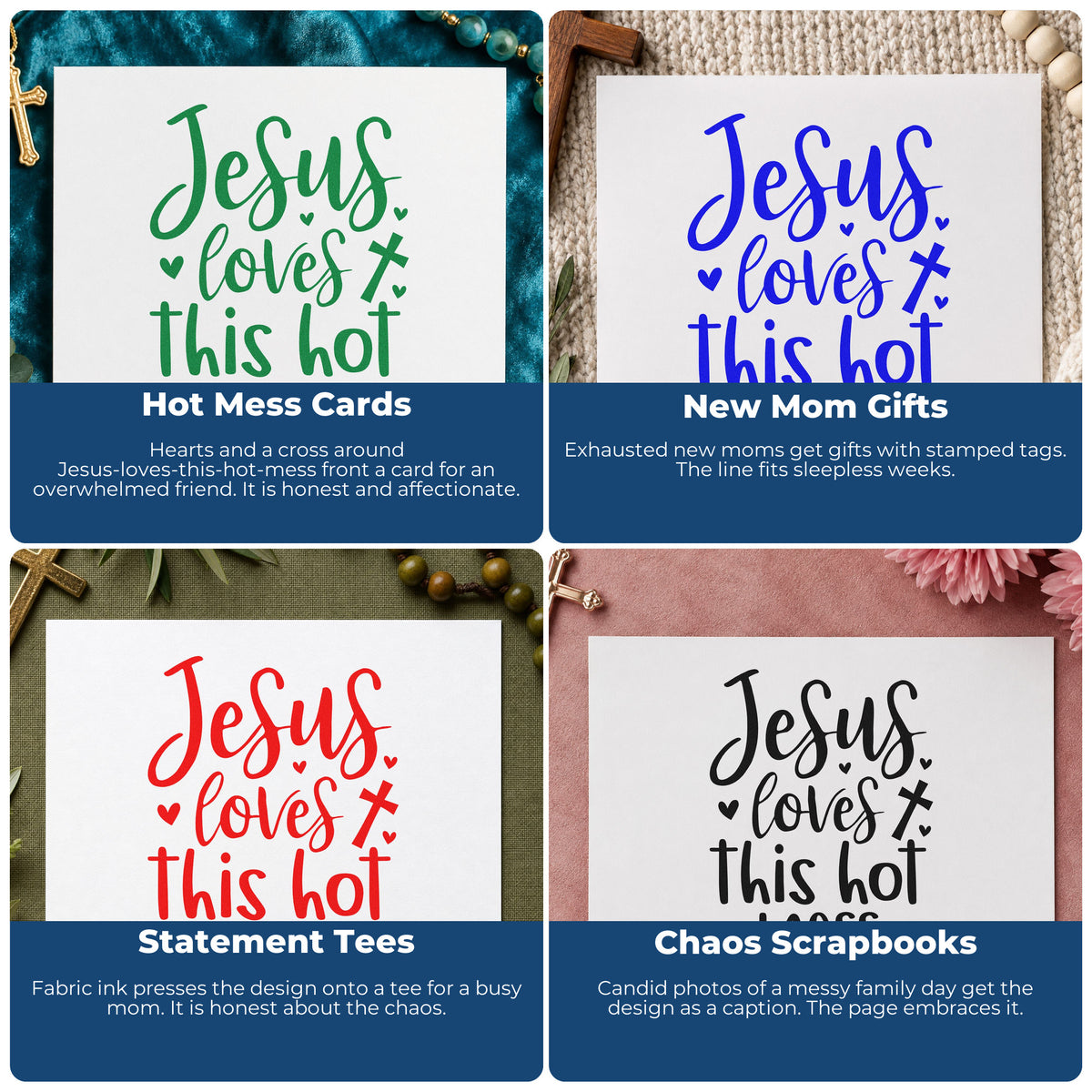 Four ways to use the Jesus Loves This Hot Mess With Cross Wood Handle Stamp: hot mess cards, new mom gifts, statement tees and chaos scrapbooks.