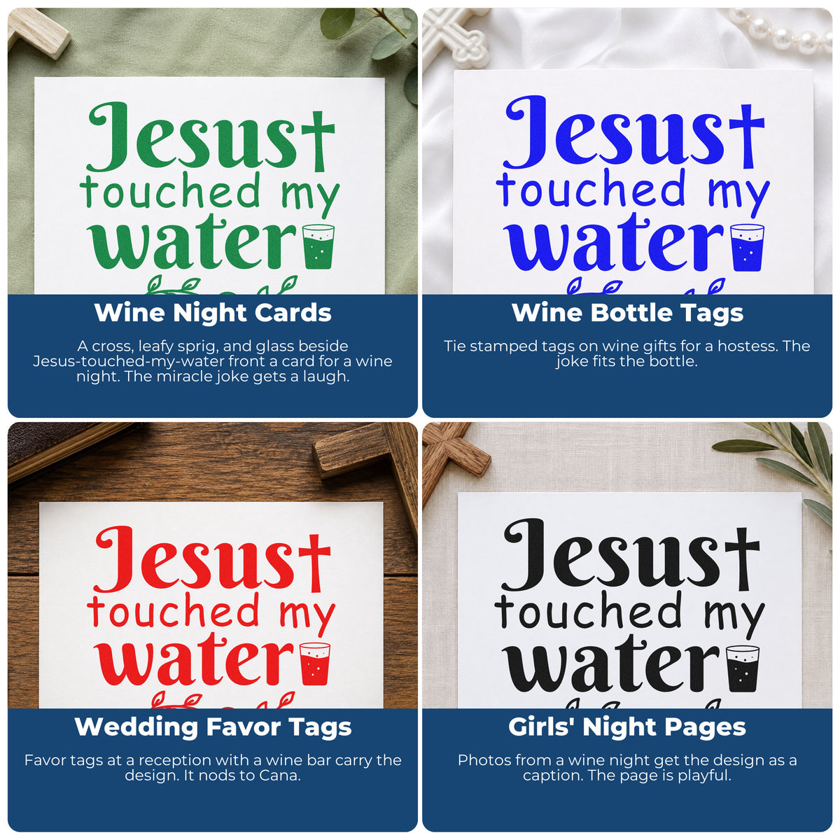 Four ways to use the Jesus Touched My Water Hand Stamp – Duo: wine night cards, wine bottle tags, wedding favor tags and girls' night pages.