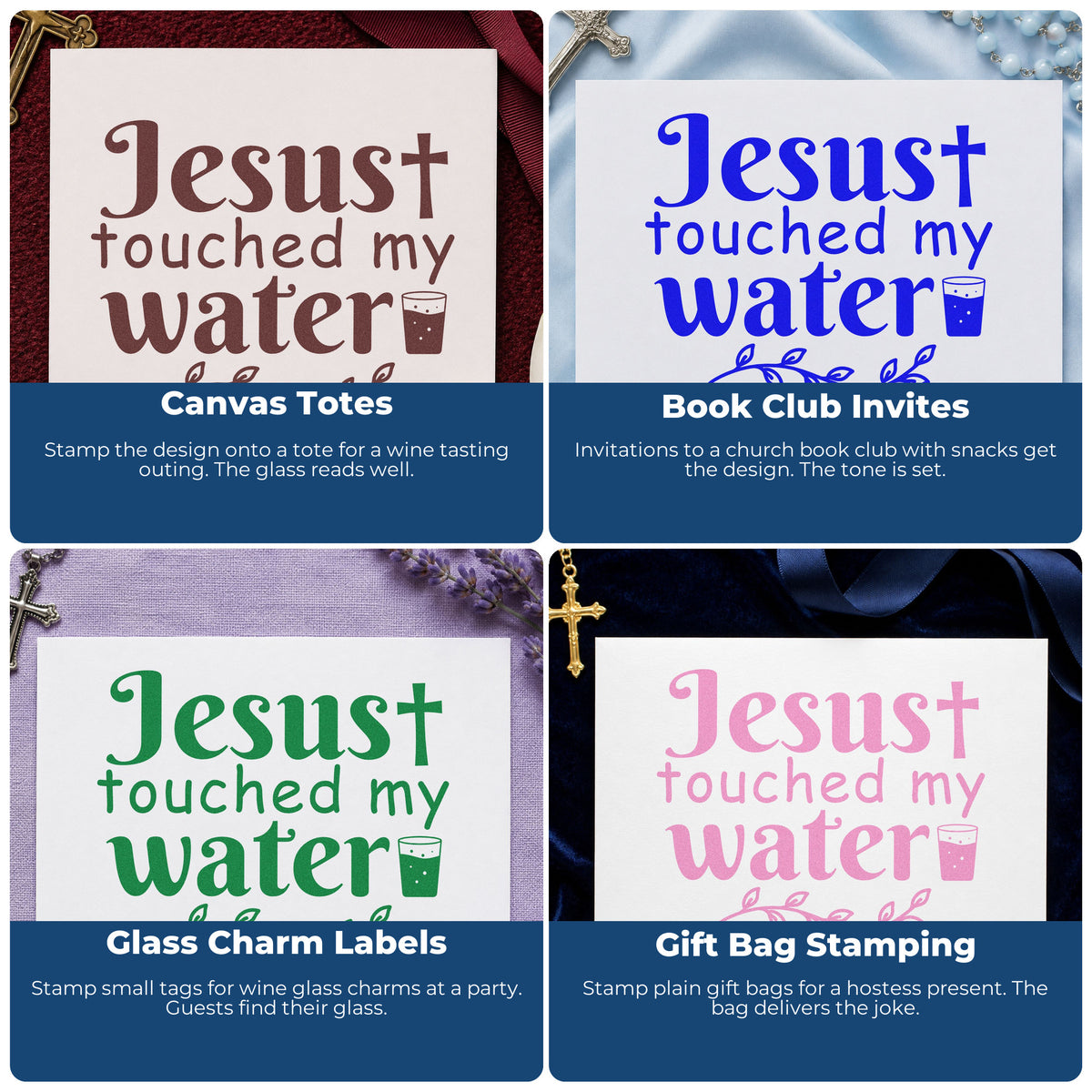 Four ways to use the Jesus Touched My Water Hand Stamp – Duo: canvas totes, book club invites, glass charm labels and gift bag stamping.
