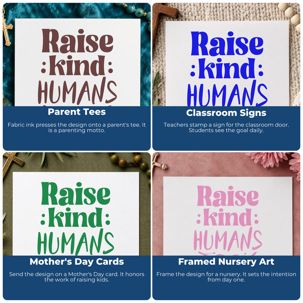 Four ways to use the PSI Pre-Inked Raise Kind Humans Stamp: parent tees, classroom signs, mother's day cards and framed nursery art.