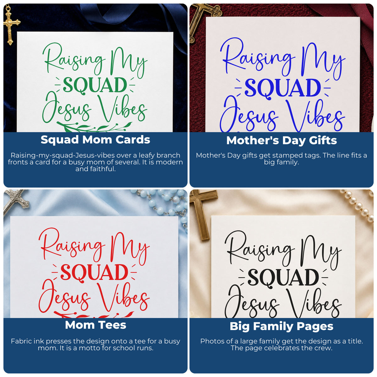 Four ways to use the Raising My Squad, Jesus Vibes Leaf Accents Premium Wooden Stamp - Vintage Pro: squad mom cards, mother's day gifts, mom tees and big family pages.
