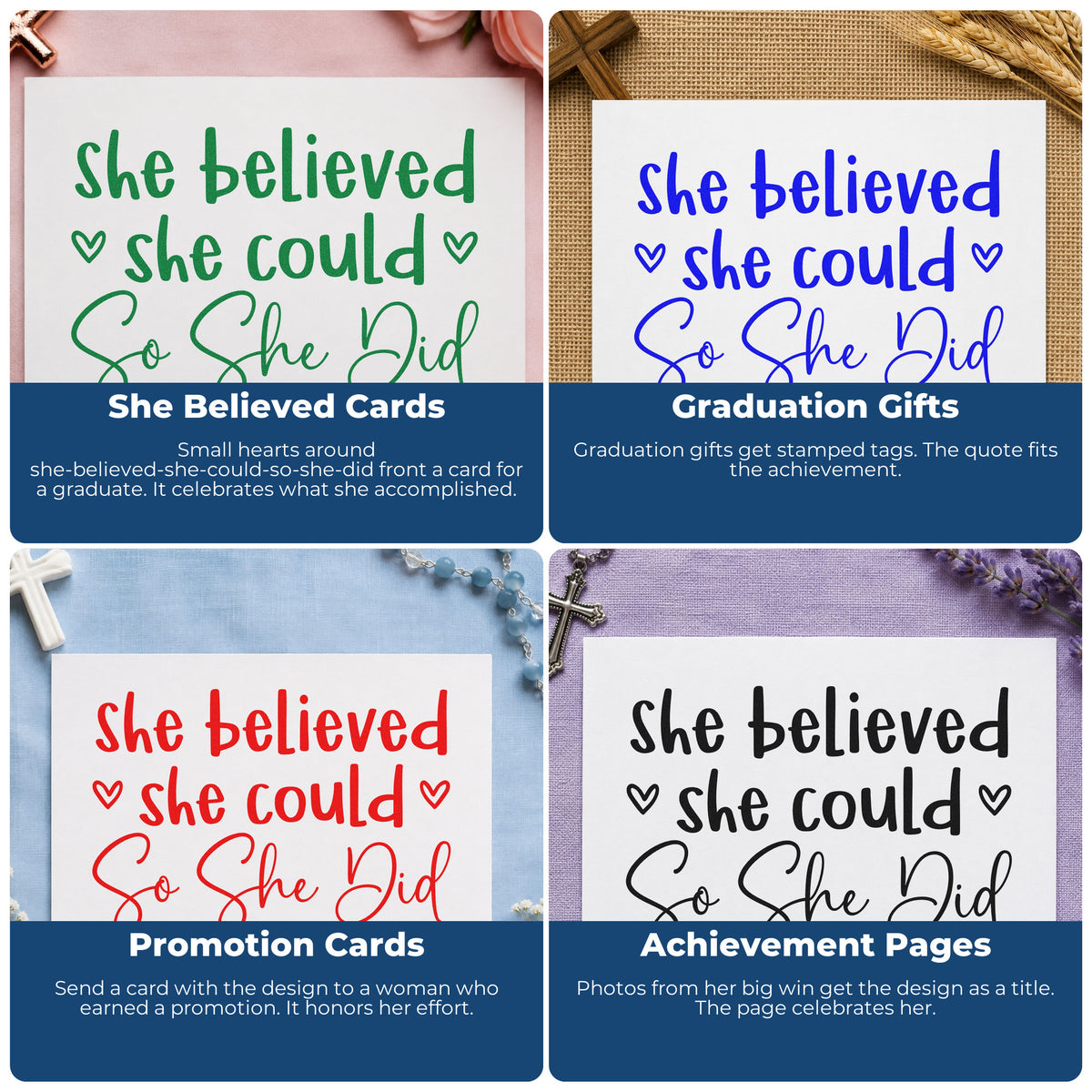 Four ways to use the She Believed She Could, So She Did PSI Pre-Inked Stamp: she believed cards, graduation gifts, promotion cards and achievement pages.