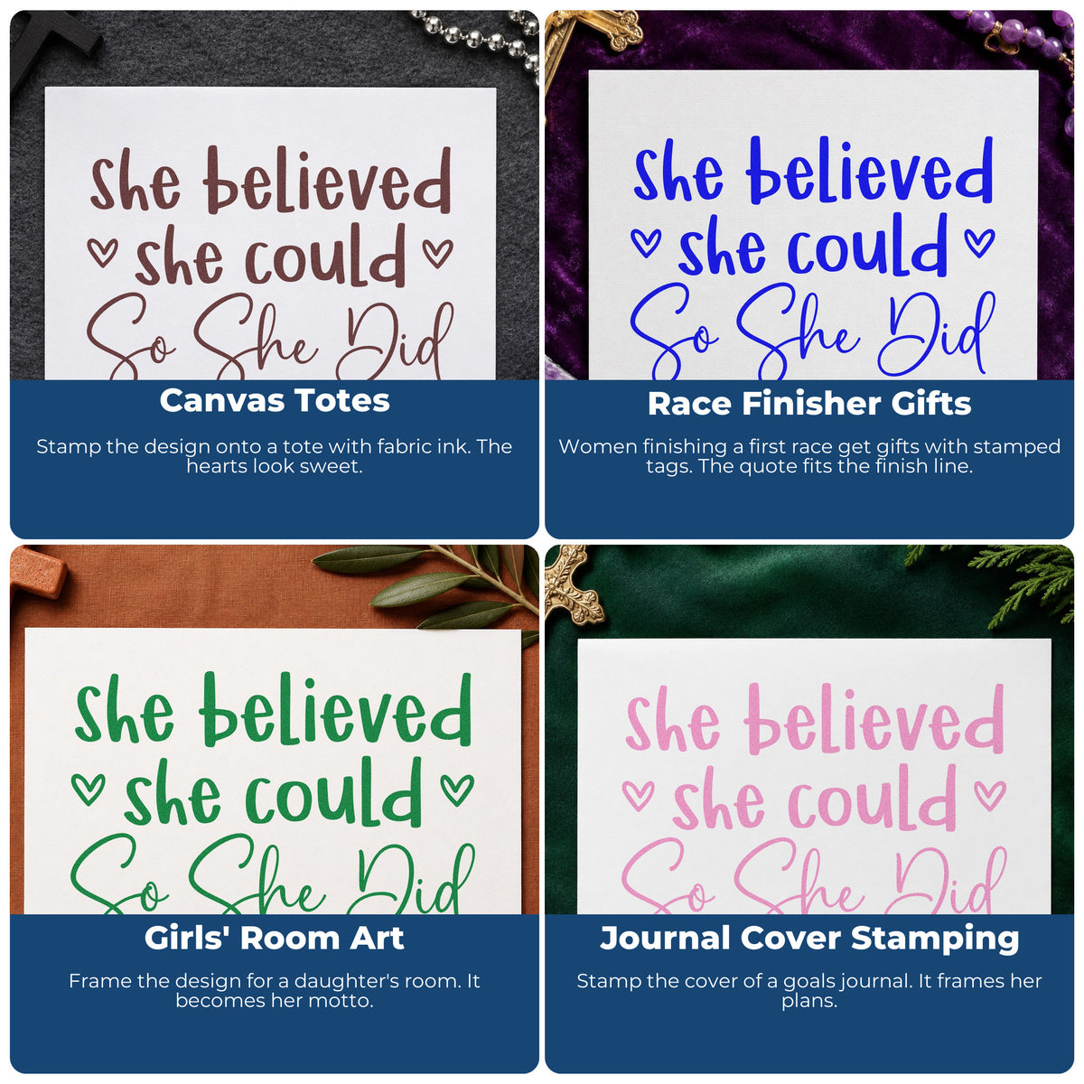 Four ways to use the She Believed She Could, So She Did Wood-Mounted Rubber Stamp: canvas totes, race finisher gifts, girls' room art and journal cover stamping.