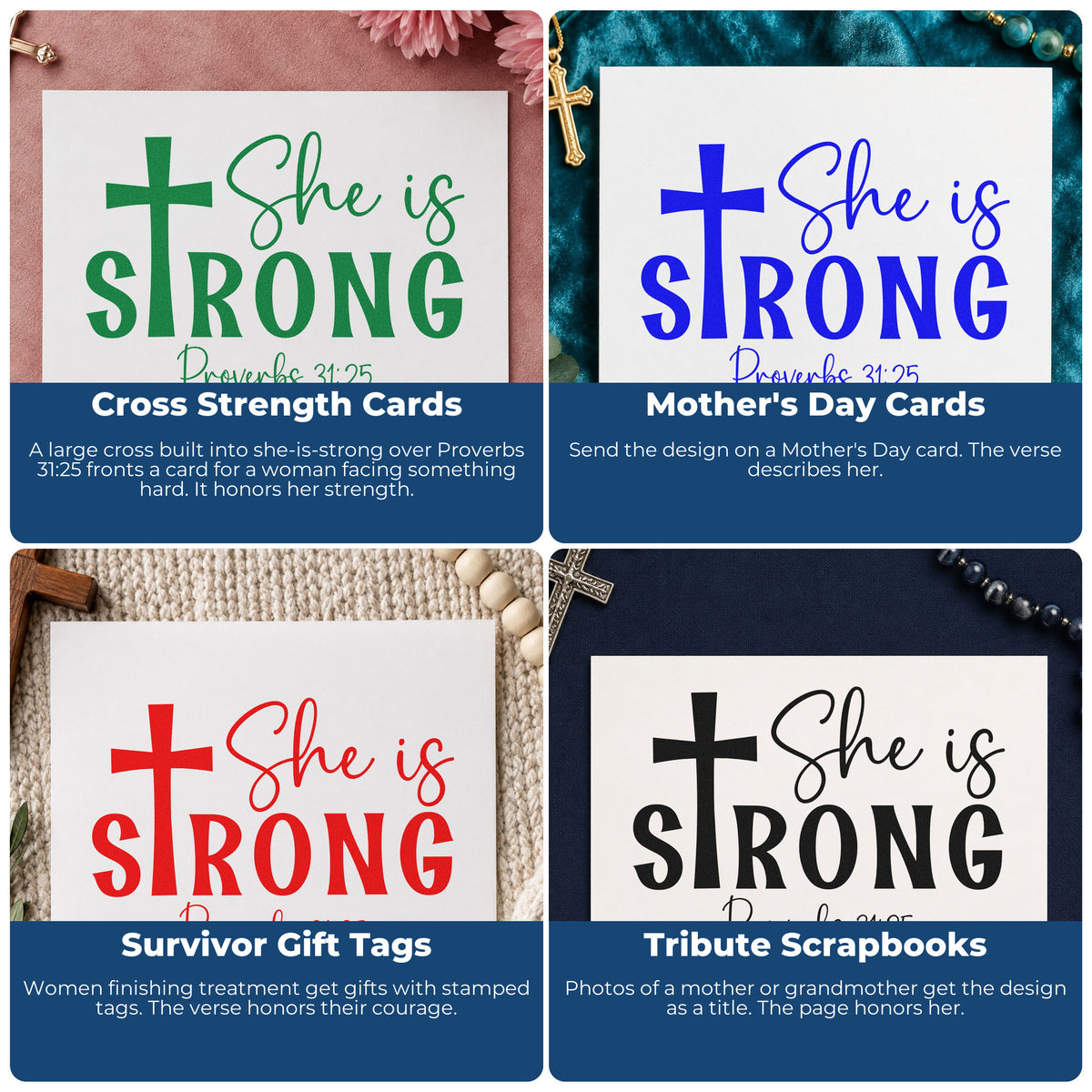 Four ways to use the Self-Inking She Is Strong Stamp: cross strength cards, mother's day cards, survivor gift tags and tribute scrapbooks.