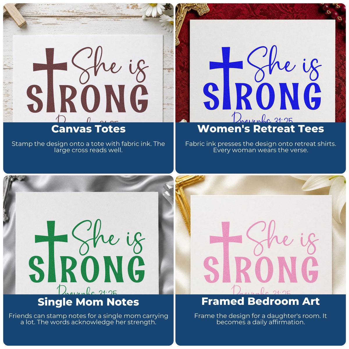 Four ways to use the Self-Inking She Is Strong Stamp: canvas totes, women's retreat tees, single mom notes and framed bedroom art.