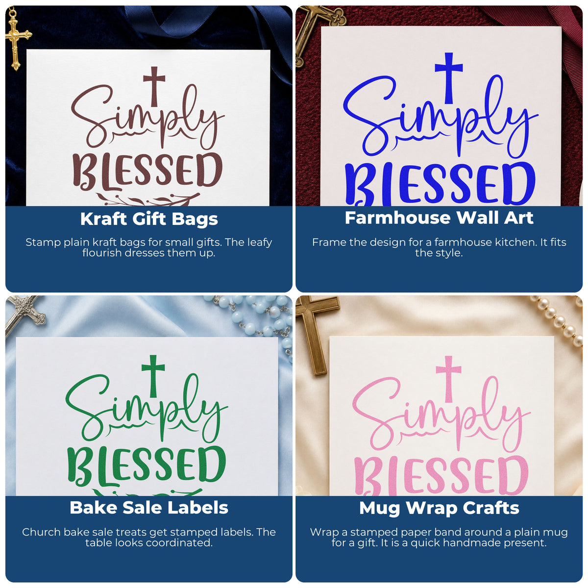 Four ways to use the Wood Handle Simply Blessed Leaves Rubber Stamp: kraft gift bags, farmhouse wall art, bake sale labels and mug wrap crafts.
