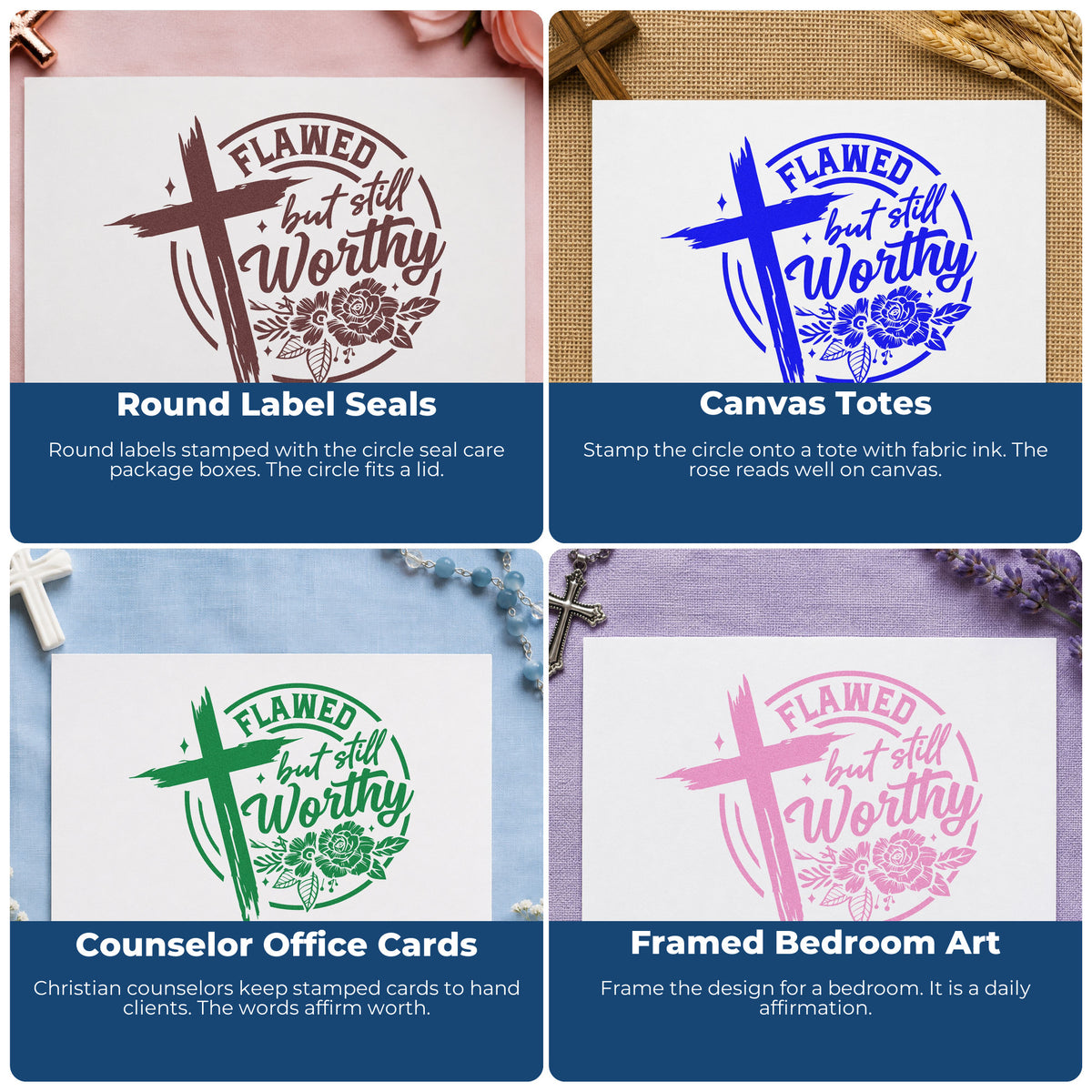 Four ways to use the Flawed But Still Worthy Brushstroke Cross Wood Handle Stamp: round label seals, canvas totes, counselor office cards and framed bedroom art.