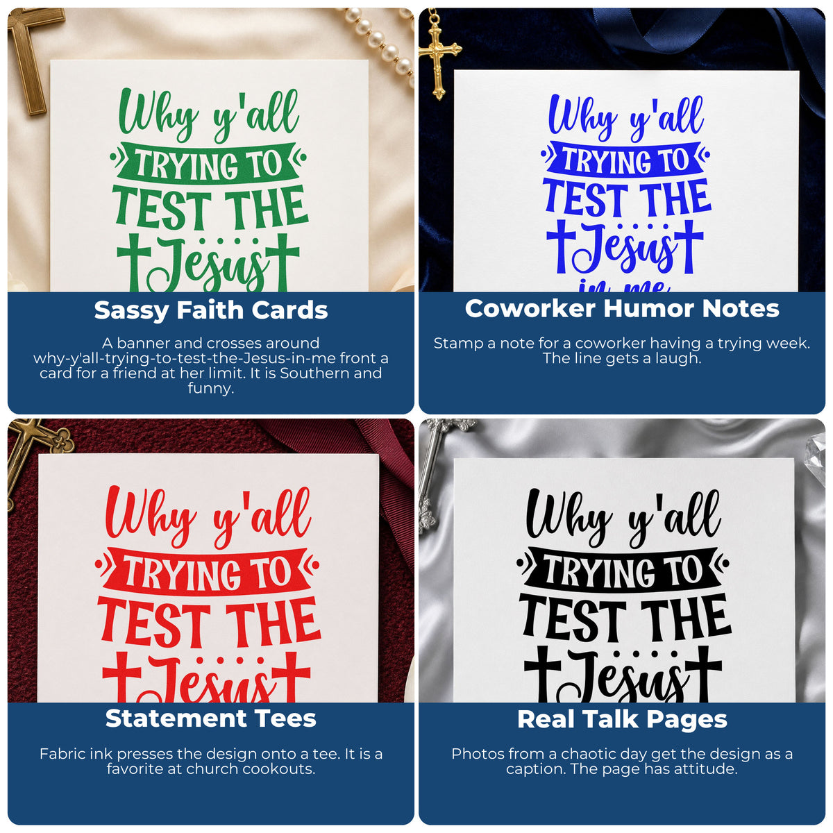 Four ways to use the Why Y'all Test The Jesus Wood Handle Stamp: sassy faith cards, coworker humor notes, statement tees and real talk pages.
