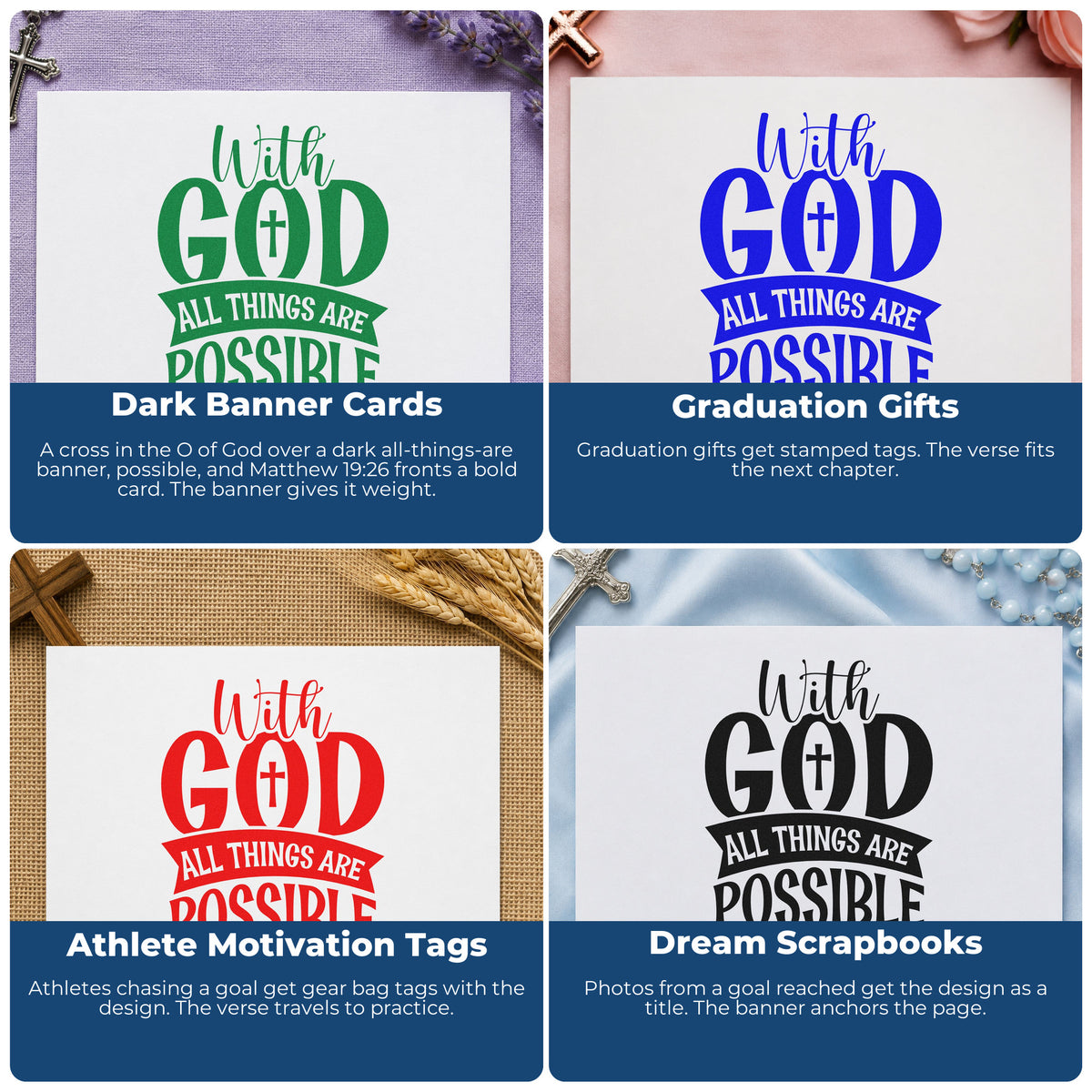 Four ways to use the With God All Things Are Possible Solid Banner Hand Stamp – Duo: dark banner cards, graduation gifts, athlete motivation tags and dream scrapbooks.