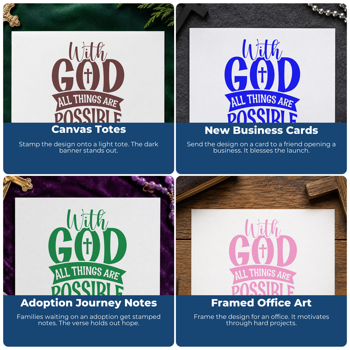 Four ways to use the With God All Things Are Possible Solid Banner Craft Stamp – Self-Inking: canvas totes, new business cards, adoption journey notes and framed office art.