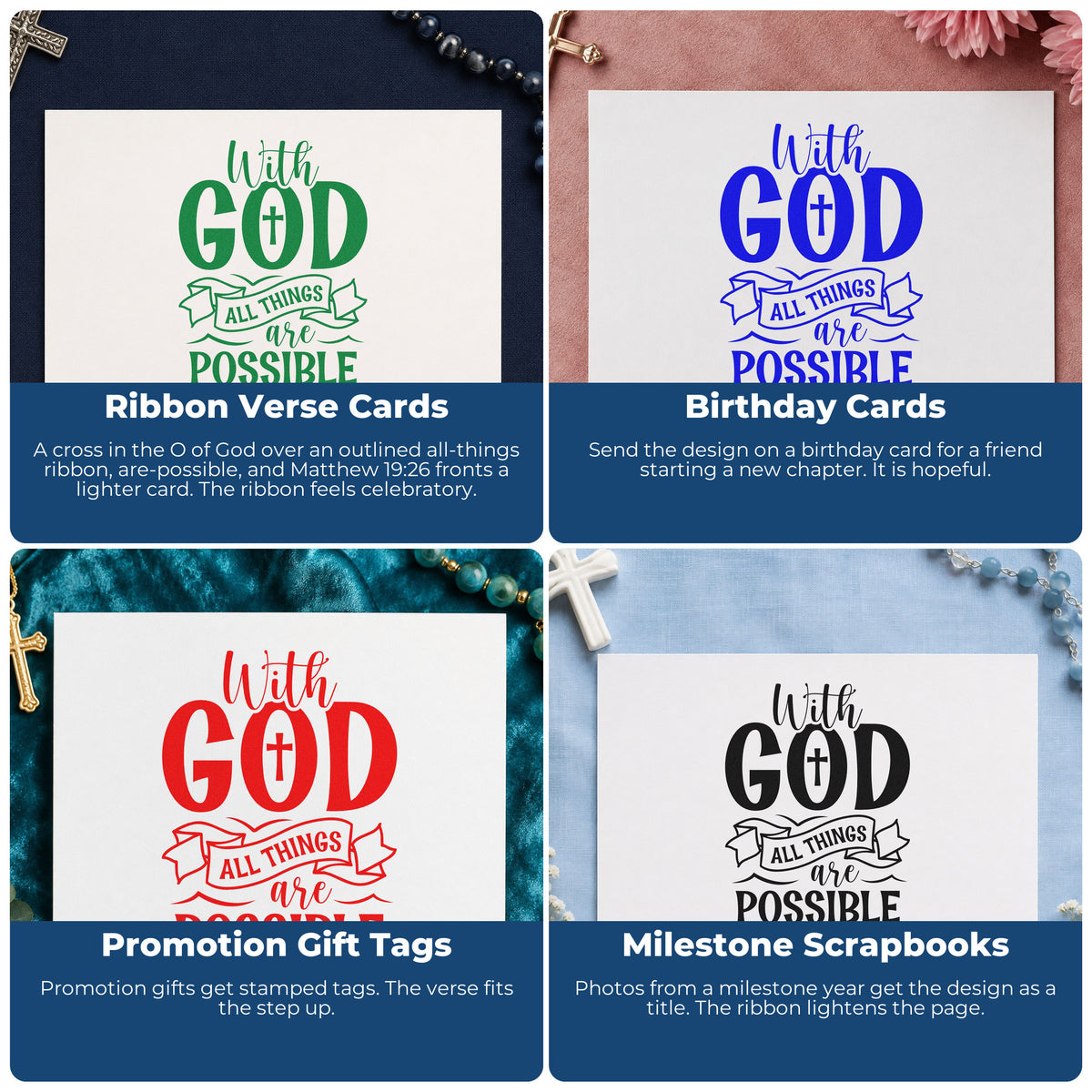 Four ways to use the With God All Things Are Possible Outline Banner With Cross PSI Pre-Inked Stamp: ribbon verse cards, birthday cards, promotion gift tags and milestone scrapbooks.