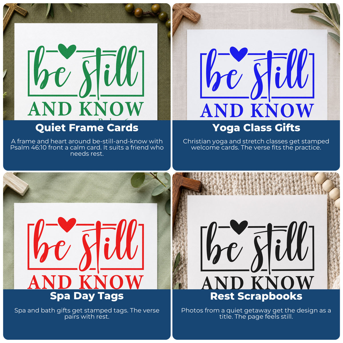 Four ways to use the Be Still Heart Frame Slim Pre-Inked Stamp: quiet frame cards, yoga class gifts, spa day tags and rest scrapbooks.