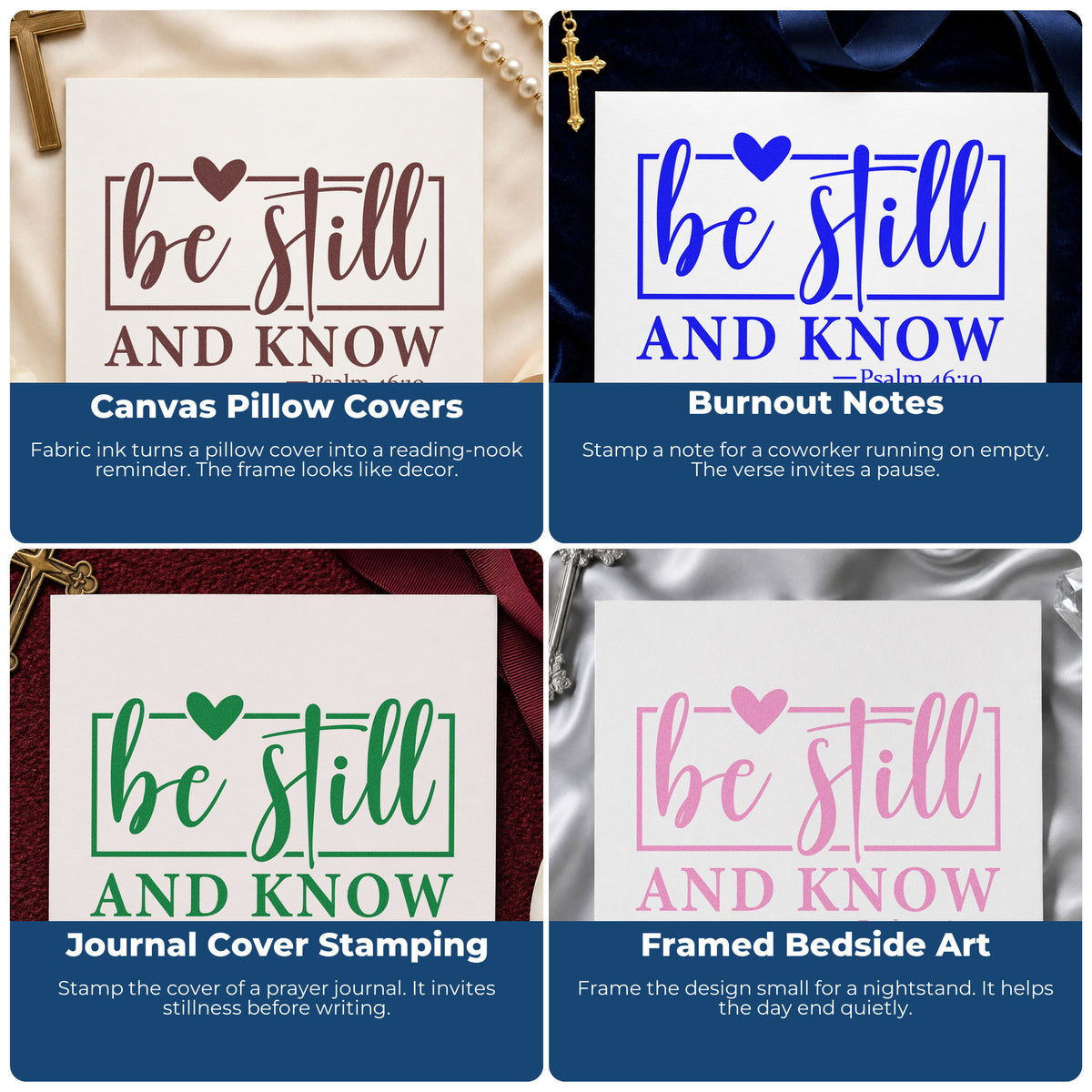 Four ways to use the Be Still Heart Frame Rubber Stamp – Wood Handle: canvas pillow covers, burnout notes, journal cover stamping and framed bedside art.