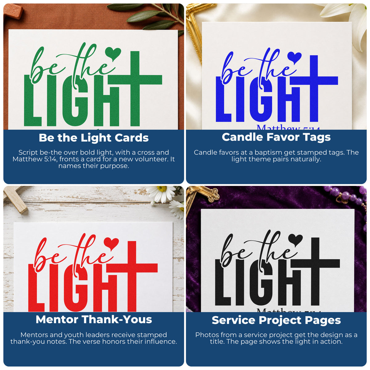 Four ways to use the Be The Light Premium Wood-Mounted Stamp - Vintage Pro: be the light cards, candle favor tags, mentor thank-yous and service project pages.