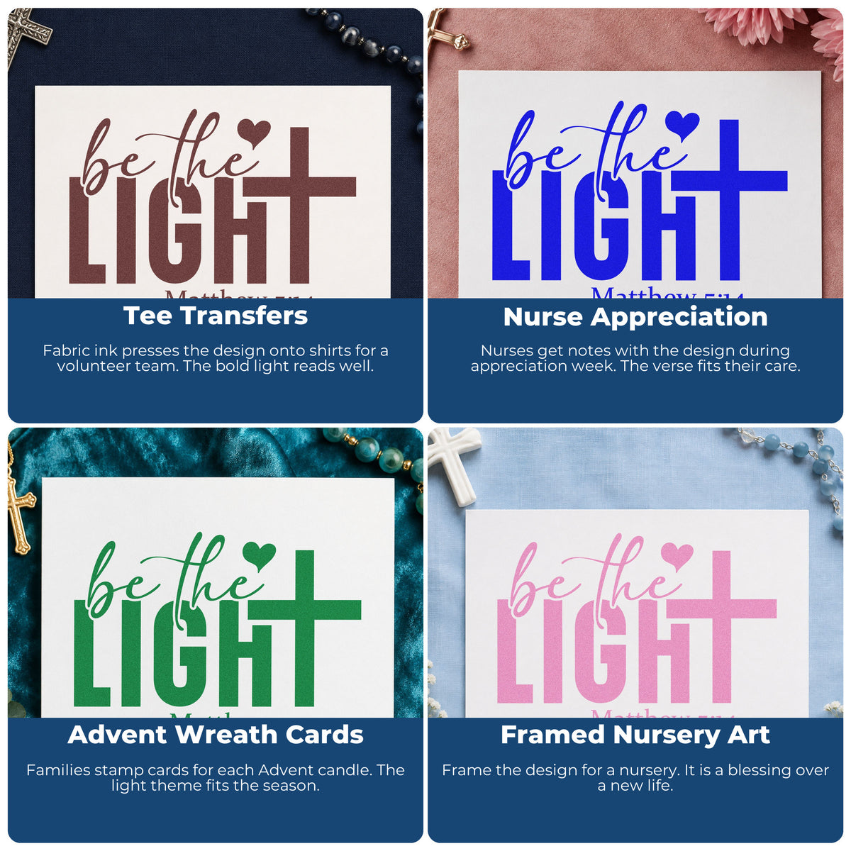 Four ways to use the Be The Light Wood-Mounted Rubber Stamp: tee transfers, nurse appreciation, advent wreath cards and framed nursery art.