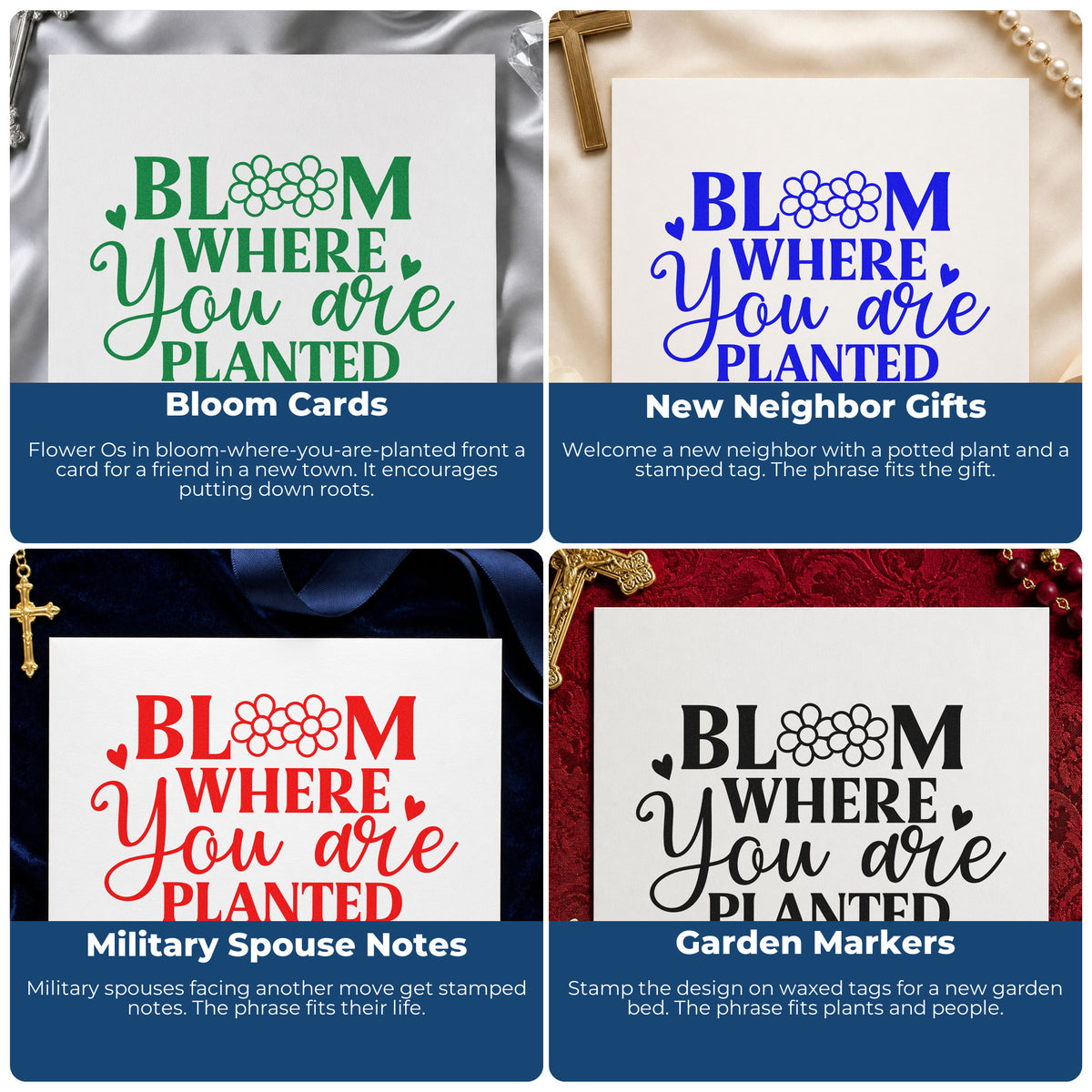 Four ways to use the Premium Wooden Bloom Where You Are Planted Floral Accents Stamp - Vintage Pro: bloom cards, new neighbor gifts, military spouse notes and garden markers.