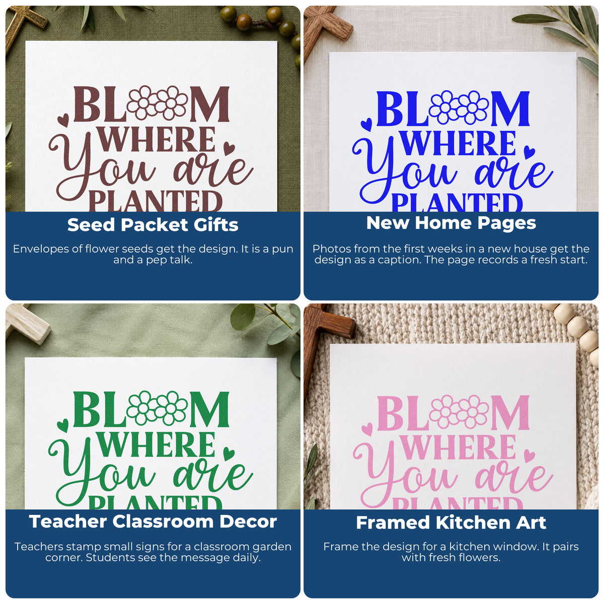Four ways to use the Bloom Where You Are Planted Floral Accents Pre-Inked Stamp – PSI: seed packet gifts, new home pages, teacher classroom decor and framed kitchen art.