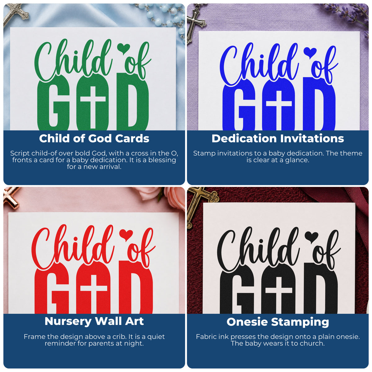 Four ways to use the Child Of God Stamp – Self-Inking: child of god cards, dedication invitations, nursery wall art and onesie stamping.