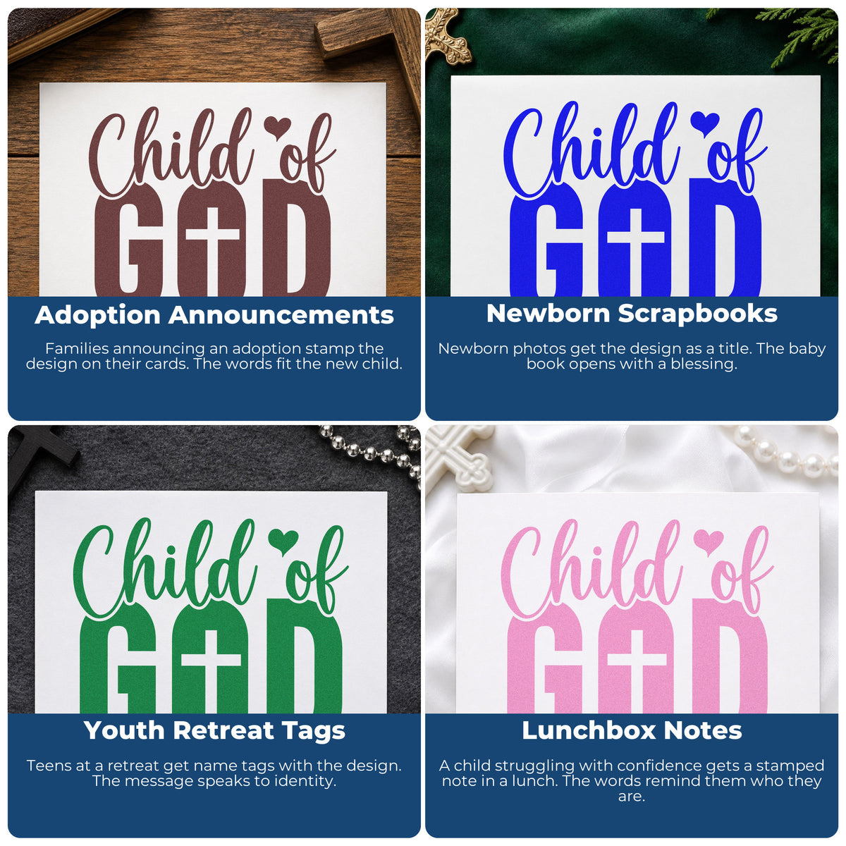 Four ways to use the Child Of God Stamp – Self-Inking: adoption announcements, newborn scrapbooks, youth retreat tags and lunchbox notes.