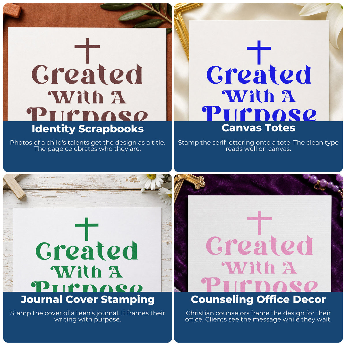Four ways to use the Duo Hand Created With A Purpose With Cross Rubber Stamp: identity scrapbooks, canvas totes, journal cover stamping and counseling office decor.