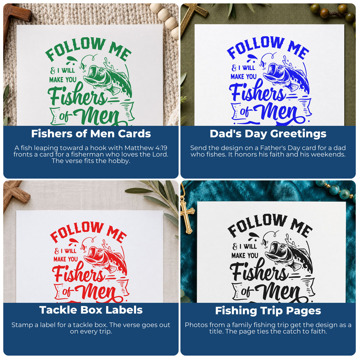 Four ways to use the Follow Me & I Will Make You Fishers Of Men Stamp – Self-Inking: fishers of men cards, dad's day greetings, tackle box labels and fishing trip pages.