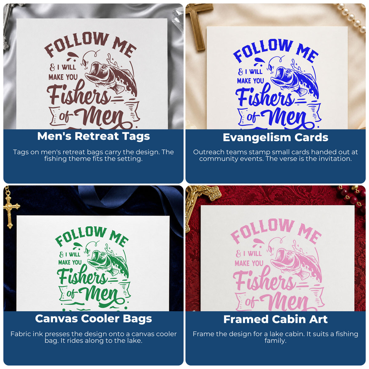 Four ways to use the Follow Me & I Will Make You Fishers Of Men Stamp – Slim Pre-Inked: men's retreat tags, evangelism cards, canvas cooler bags and framed cabin art.