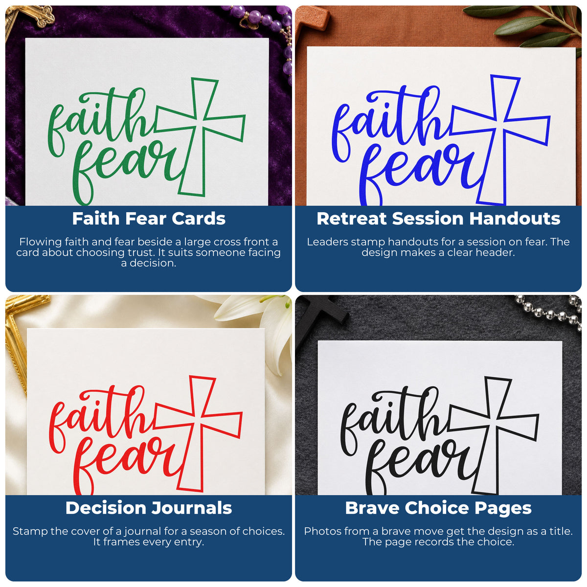 Four ways to use the Faith Over Fear Cross Craft Stamp – Self-Inking: faith fear cards, retreat session handouts, decision journals and brave choice pages.