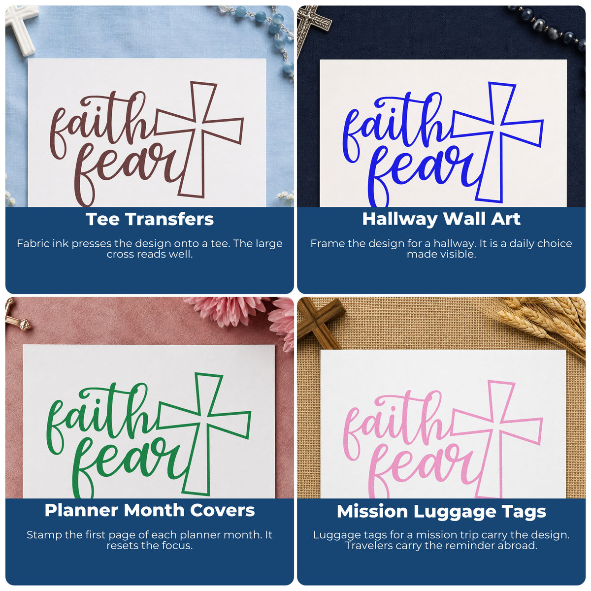 Four ways to use the Faith Over Fear Cross Pre-Inked Stamp – Slim: tee transfers, hallway wall art, planner month covers and mission luggage tags.